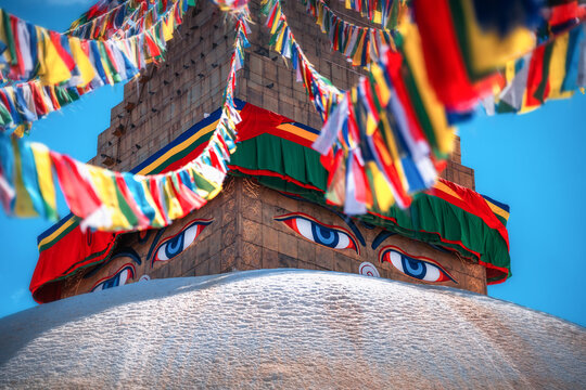 Boudhanath Stupa with Prayer Flags in Kathmandu, Nepal