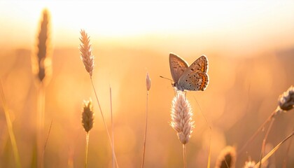 A delicate butterfly with orange and brown wings rests peacefully on a slender plant, bathed in the soft, warm glow of a golden sunset in a serene natural meadow