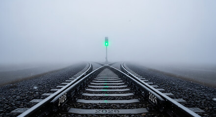 Railroad tracks converging in fog with a green light signal