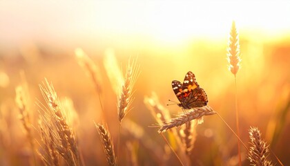 A beautiful butterfly perches on a wheat plant in a sun-drenched field, bathed in the golden light of a summer evening