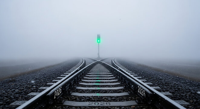 Railroad tracks converging in fog with a green light signal