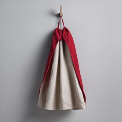 A red and beige cloth hanging from a hook on a gray wall, creating a draped effect