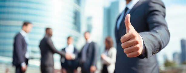 The businessman giving a thumbs up in front of a corporate team meeting