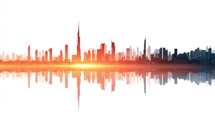 Silhouette of a city skyline with a glowing sun in the background, featuring tall buildings and a reflection in the water.