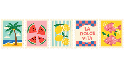 A collection of five colorful postage stamps featuring summer-themed illustrations, including a palm tree on a beach, sliced watermelon, lemons, and pink fish.
