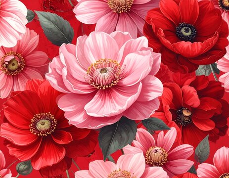 A vibrant pattern features stylized pink and red flowers with green leaves on a red backdrop