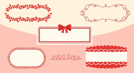Decorative frames and borders in red on a pink background.
