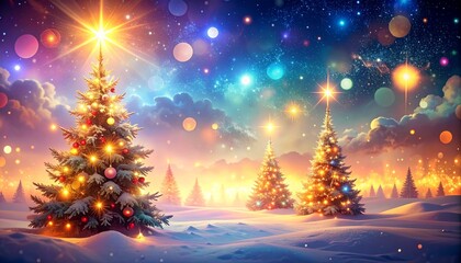 An enchanting winter wonderland with decorated Christmas trees glowing under a vibrant and magical starry night sky