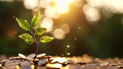 Growing plant on coins, symbolizing investment growth and financial success. - Powered by Adobe