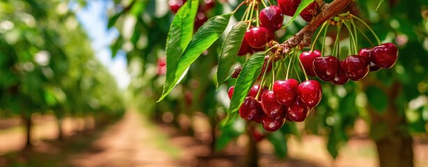 The cherries on a sunlit branch in a ripe red orchard row