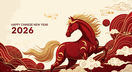 Chinese New Year 2026, Year of the Horse, red and gold illustration.