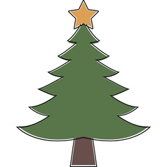 A simple stylized illustration of a green Christmas tree with a yellow star on top and a brown base on a transparent background