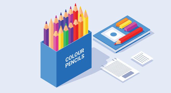 Isometric drawing supplies, a box of colored pencils, notebook with colored bookmarks, pencil on top, and some pages next to it. - Powered by Adobe