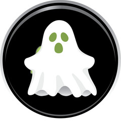 A simple white ghost with green eyes and mouth is depicted inside a black circular frame with a metallic 