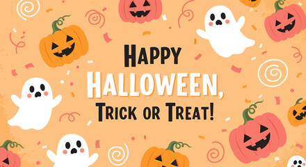A cheerful orange background with cartoon ghosts, smiling pumpkins, and confetti, featuring the text 'Happy Halloween, Trick or Treat!'.