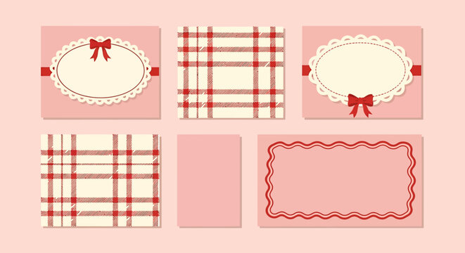 A collection of cute pink decorative cards with red plaid patterns, lace frames, and ribbon bows.