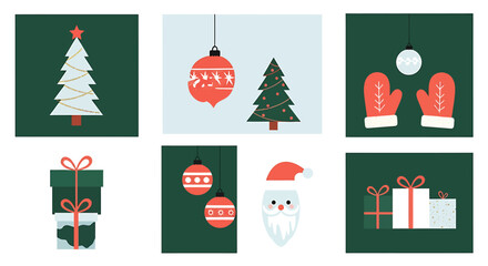 A collection of festive Christmas illustrations featuring trees, ornaments, gifts, and Santa Claus on a dark green background.