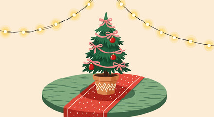 Small decorated Christmas tree in a pot on a circular platform with a red runner and string lights, creating a festive holiday scene.