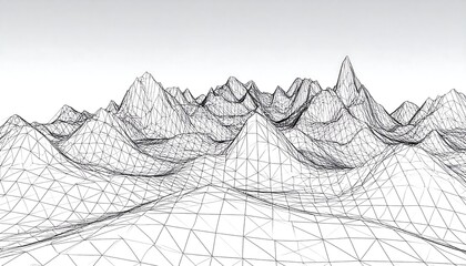 A wireframe model depicts a mountainous landscape with varying peaks