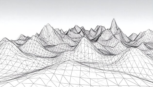 A wireframe model depicts a mountainous landscape with varying peaks