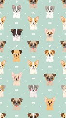 Adorable dog pattern featuring cute cartoon puppy faces on a soft teal background design
