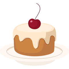 A Round Brown Cake With White Frosting And A Red Cherry On Top Sitting On A White Plate With A Transparent Background