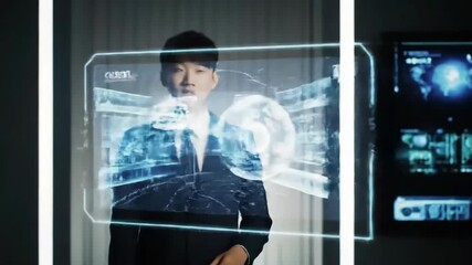 Asian businessman presenting technology concept, futuristic interface, globe backdrop, for global business - Powered by Adobe