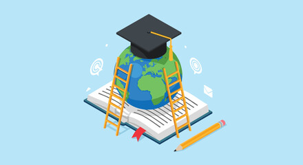 Isometric education illustration featuring a book, globe with graduation cap, ladders, and pencil, on a light blue background.