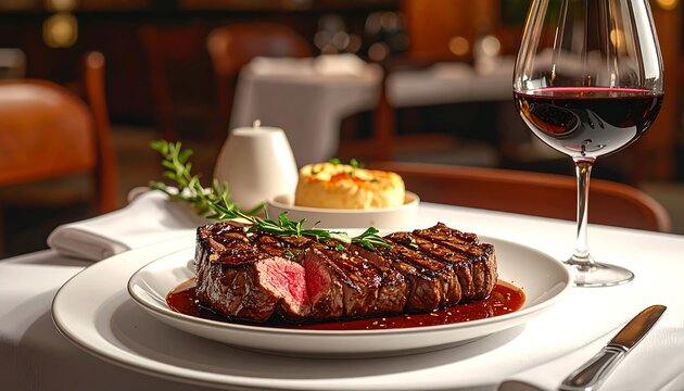 Appetizing steak, wine, and bread at elegant restaurant table