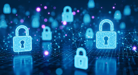 Futuristic Network with Digital Locks Representing Cybersecurity and Data Privacy