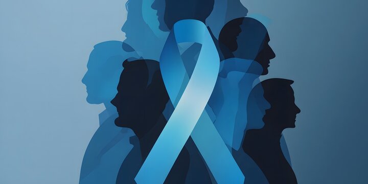 Awareness poster design where silhouettes of several men are positioned harmoniously to create the recognizable form of a blue ribbon symbolizing unity, strength, and hope in prostate cancer awareness