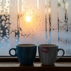 Two Mugs on a Window Sill with Frosty Winter Morning View