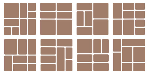 Image collage layout set. Black mosaic mood board grid collection. Vector 6-7 picture slot composition arrangement. Photo album template or memory wall idea for banner, poster, mockup, flyer, brochure