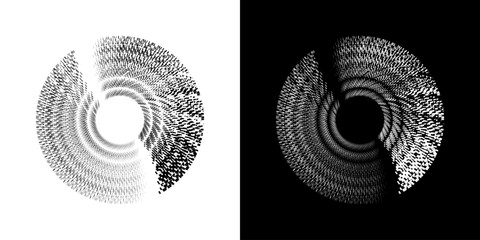 Dynamic abstract spiral sound wave rhythm lines. Circular spiral sound wave rhythm of lines. Circular futuristic abstract lines, black and white background.	
