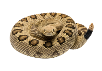Isolated Rattlesnake coiled up ready to strike a pose outdoors , 