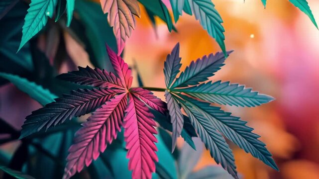 Vibrant cannabis leaves with a colorful, dreamy background. Nature's beauty.