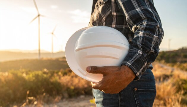 Dedicated engineer holding a white safety helmet, overlooking a sustainable wind farm during golden hour, symbolizing commitment to renewable energy development and a greener future - Powered by Adobe