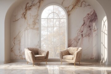 Two chairs in a room with marble walls and a large arched window.