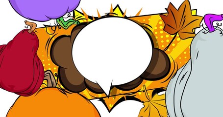 Cartoon Thanksgiving pumpkin and Autumn leaves with blank speech bubble, comic book video. Retro comics pop art animation. - Powered by Adobe