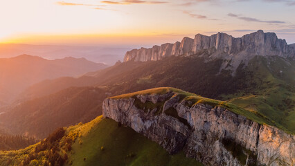 National park Bolshoy Tkhach in Caucasus mountains with sunset, drone shot