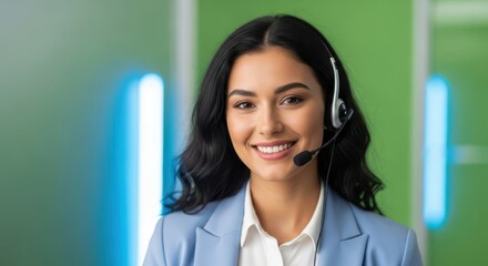 Smiling woman with headset working in a call center