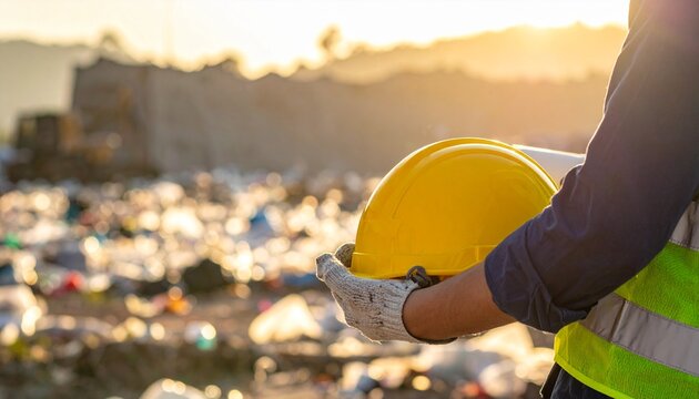 Construction worker holding a hard hat at a landfill site, representing waste management and environmental responsibility
