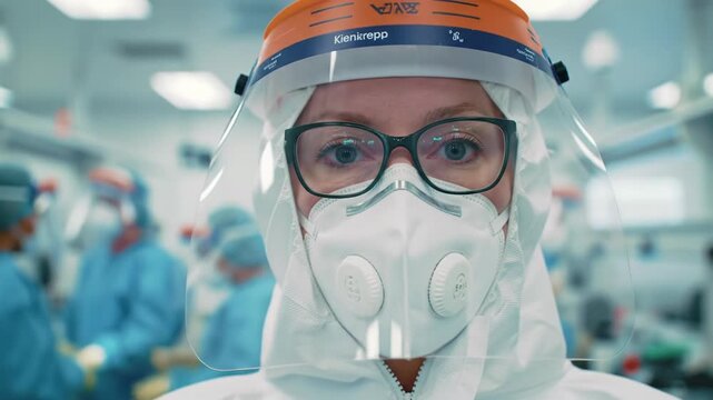 Extreme close-up video: adult caucasian in white hazmat suit, medical mask, glasses, securing clear face shield. Eyes fixate camera. Blurred clinical lab, cool bokeh. Concept of critical readiness