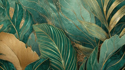 A luxurious green and gold abstract floral mural with intricate gold leaf patterns and a rich, dark green background.