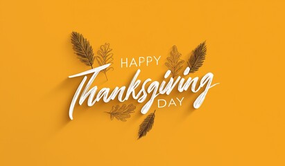 Happy Thanksgiving Day in a minimalistic design with hand drawn leaves and white calligraphy text against an orange backdrop