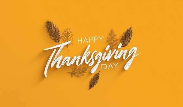 Happy Thanksgiving Day in a minimalistic design with hand drawn leaves and white calligraphy text against an orange backdrop