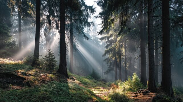A serene forest scene with tall pine trees, sunbeams filtering through the branches, and a path leading through the undergrowth.