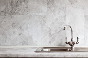 Chrome faucet sits above a stainless steel sink and marble countertop.