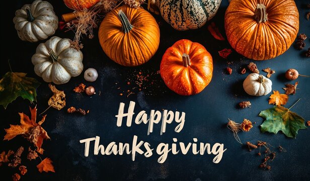 Happy thanksgiving text on a dark background with pumpkins and autumn leaves for a banner or poster greeting card template
