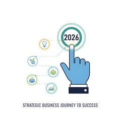 Business roadmap to 2026 success concept. A strategic business journey. Finger points at the 2026 target, surrounded by icons representing innovation, sustainability, teamwork and goal achiev